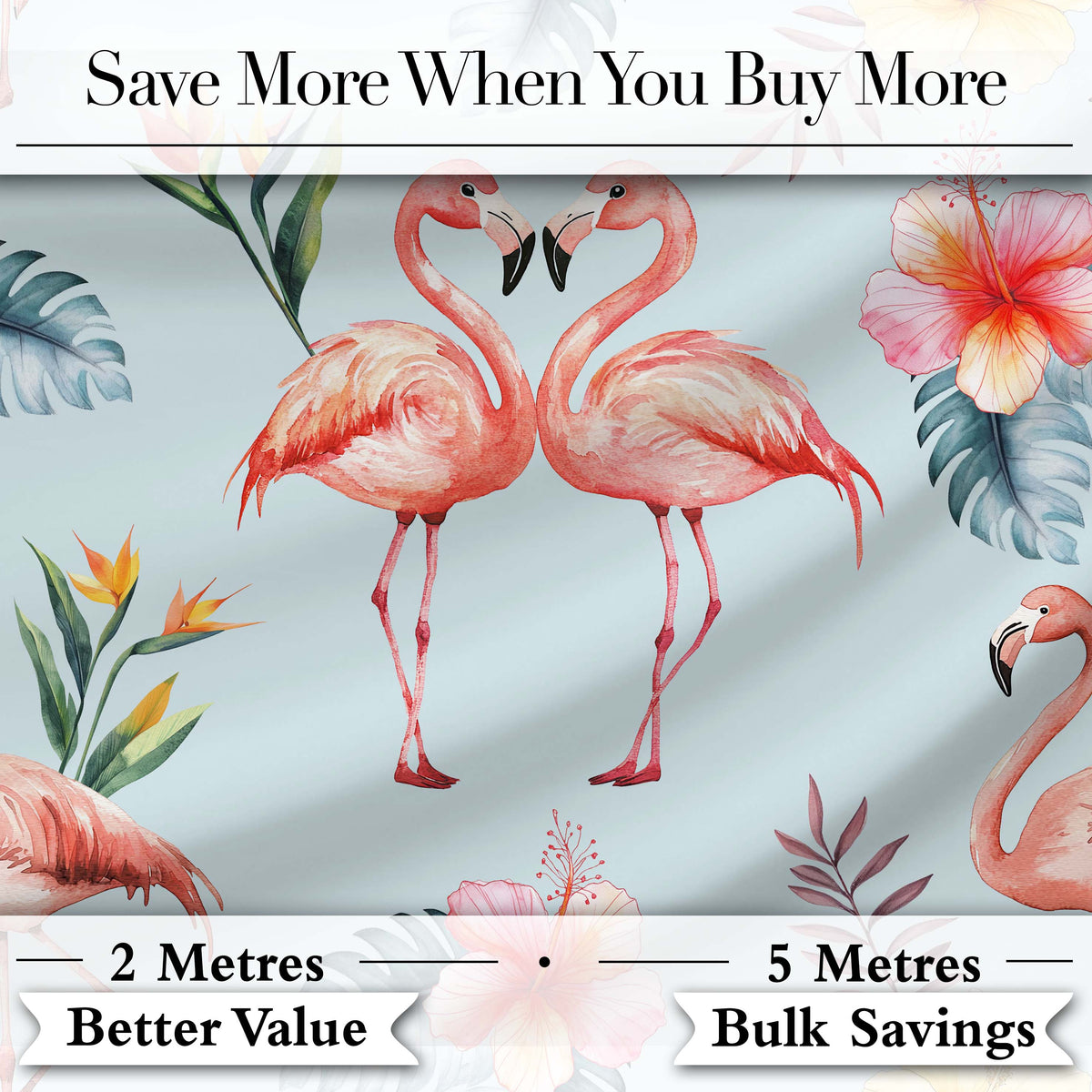 Elegant Pink Flamingos Tropical Flowers on Blue Background Seamless Pattern Digital Print Fabric by the Metre UK Sewing Quilting Textile