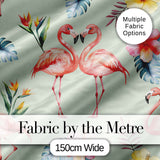 Elegant Pink Flamingos Tropical Flowers on Sage Green Background   Digital Print Fabric by the Metre UK Sewing Quilting Textile