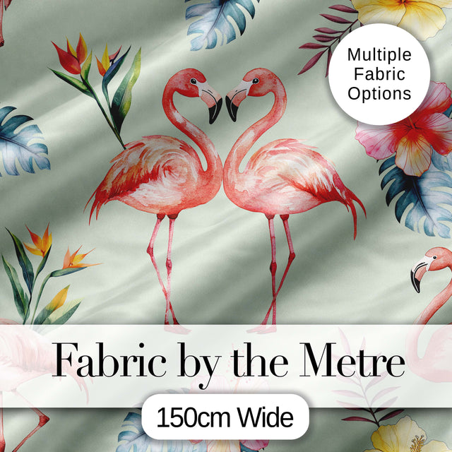 Elegant Pink Flamingos Tropical Flowers on Sage Green Background   Digital Print Fabric by the Metre UK Sewing Quilting Textile