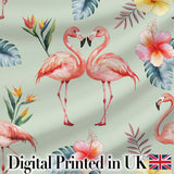 Elegant Pink Flamingos Tropical Flowers on Sage Green Background   Digital Print Fabric by the Metre UK Sewing Quilting Textile