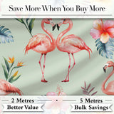Elegant Pink Flamingos Tropical Flowers on Sage Green Background   Digital Print Fabric by the Metre UK Sewing Quilting Textile