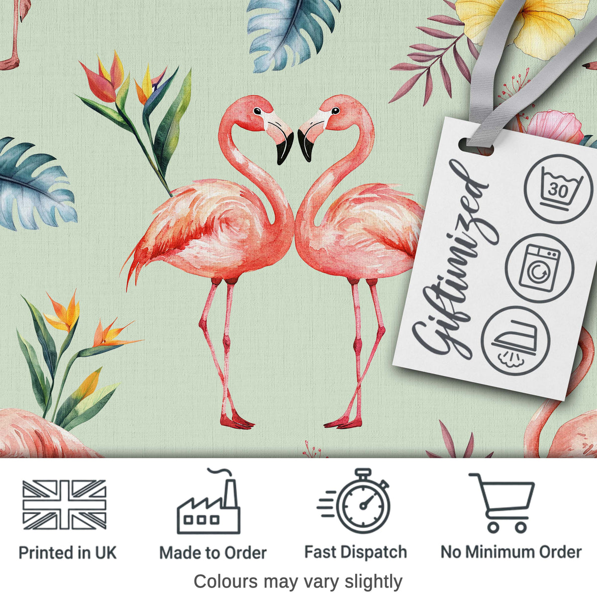 Elegant Pink Flamingos Tropical Flowers on Sage Green Background   Digital Print Fabric by the Metre UK Sewing Quilting Textile