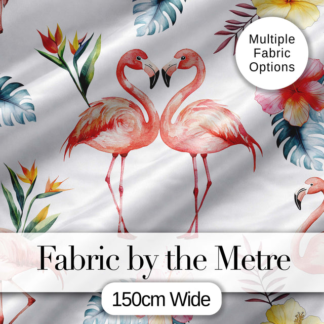Elegant Pink Flamingos Tropical Flowers on Light Grey Background   Digital Print Fabric by the Metre UK Sewing Quilting Textile