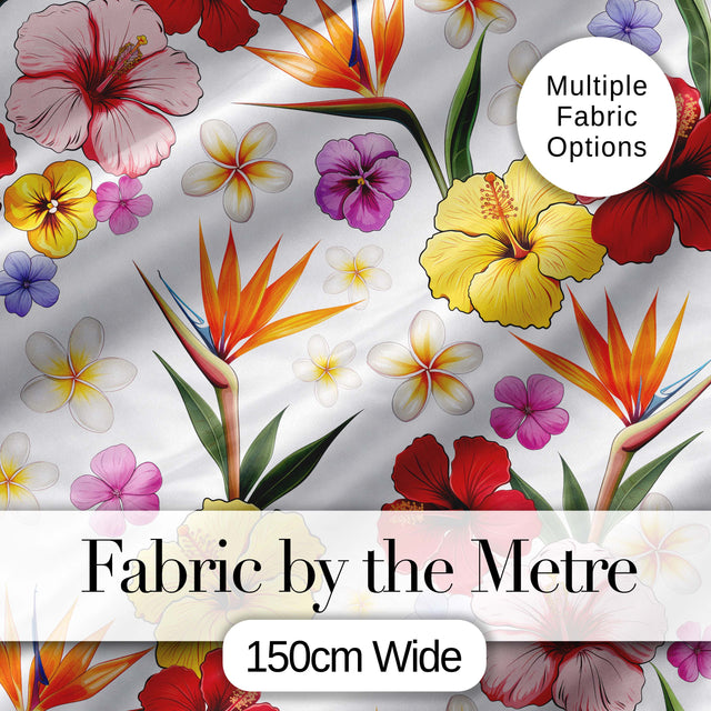 Cute Tropical Hibiscus Flowers Birds of Paradise Bright Floral Seamless Pattern Digital Print Fabric by the Metre UK Sewing Quilting Textile