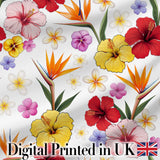 Cute Tropical Hibiscus Flowers Birds of Paradise Bright Floral Seamless Pattern Digital Print Fabric by the Metre UK Sewing Quilting Textile
