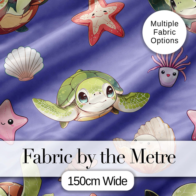 Cute Cartoon Sea Turtle Starfish Shells on Purple Background Seamless Pattern Digital Print Fabric by the Metre UK Sewing Quilting Textile