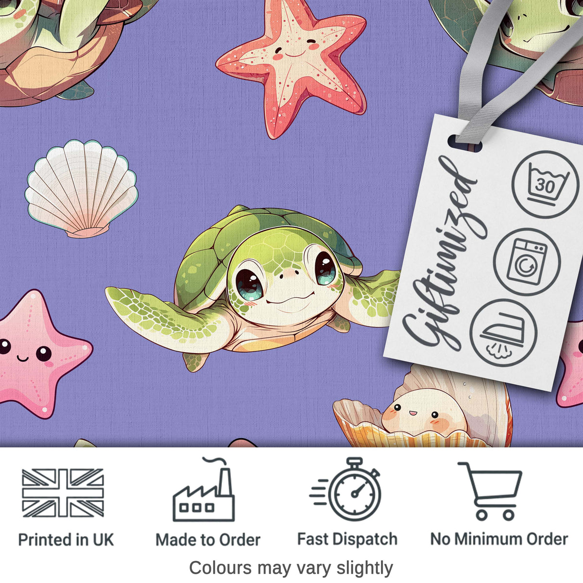 Cute Cartoon Sea Turtle Starfish Shells on Purple Background Seamless Pattern Digital Print Fabric by the Metre UK Sewing Quilting Textile