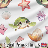Cute Cartoon Sea Turtle Starfish Shells on White Background Seamless Pattern Digital Print Fabric by the Metre UK Sewing Quilting Textile