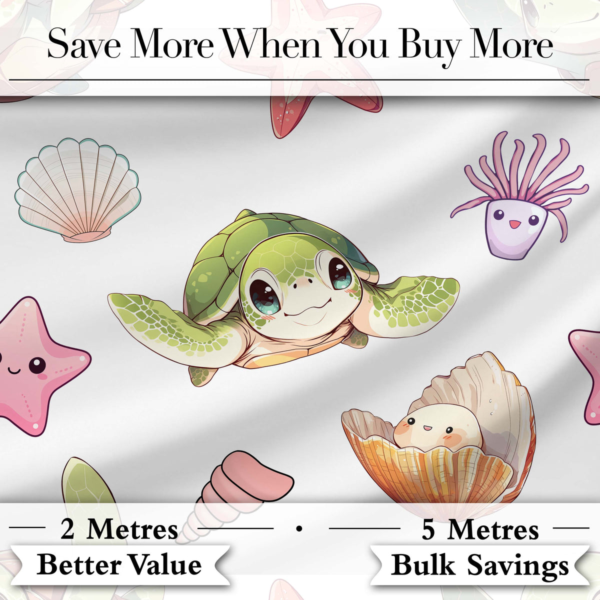 Cute Cartoon Sea Turtle Starfish Shells on White Background Seamless Pattern Digital Print Fabric by the Metre UK Sewing Quilting Textile