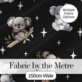 Cute Baby Koala Bears with Stars on Black Background Seamless Pattern Digital Print Fabric by the Metre UK Sewing Quilting Textile