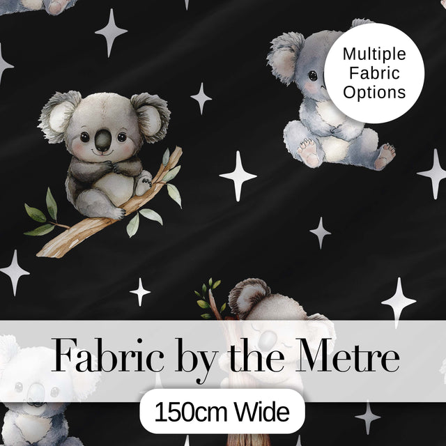Cute Baby Koala Bears with Stars on Black Background Seamless Pattern Digital Print Fabric by the Metre UK Sewing Quilting Textile