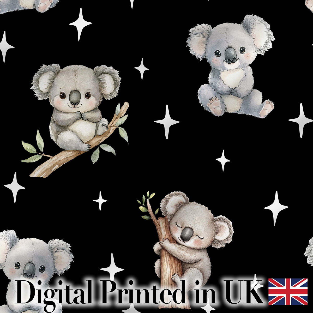Cute Baby Koala Bears with Stars on Black Background Seamless Pattern Digital Print Fabric by the Metre UK Sewing Quilting Textile