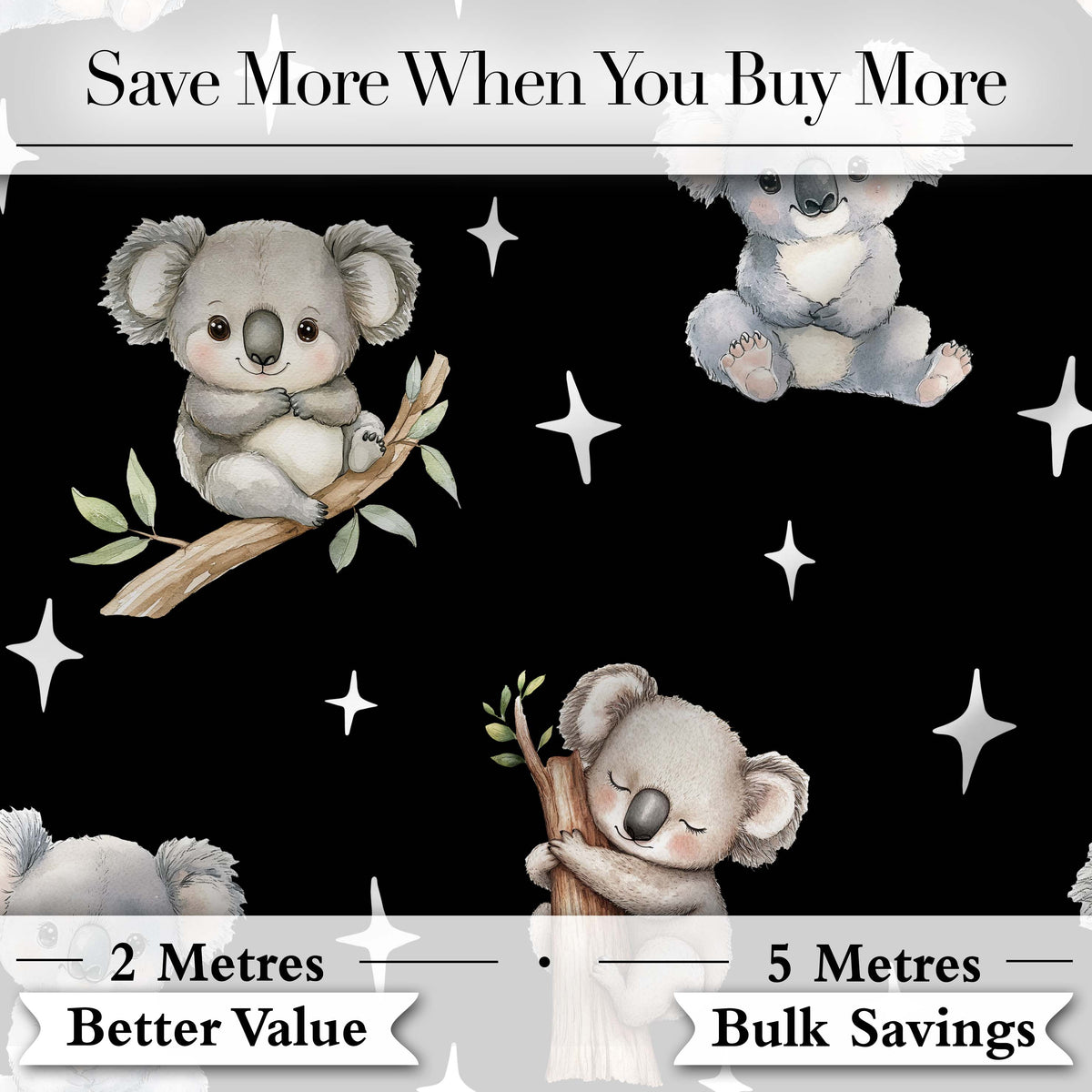 Cute Baby Koala Bears with Stars on Black Background Seamless Pattern Digital Print Fabric by the Metre UK Sewing Quilting Textile
