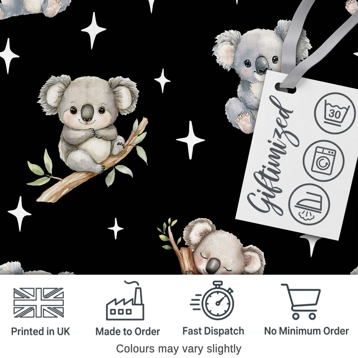 Cute Baby Koala Bears with Stars on Black Background Seamless Pattern Digital Print Fabric by the Metre UK Sewing Quilting Textile