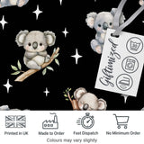 Cute Baby Koala Bears with Stars on Black Background Seamless Pattern Digital Print Fabric by the Metre UK Sewing Quilting Textile