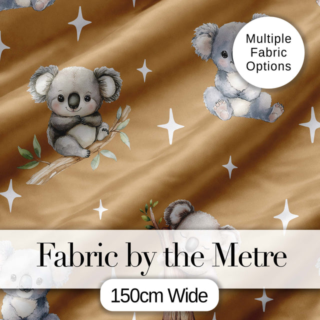 Cute Baby Koala Bears with Stars on Warm Brown Background Seamless Pattern Digital Print Fabric by the Metre UK Sewing Quilting Textile