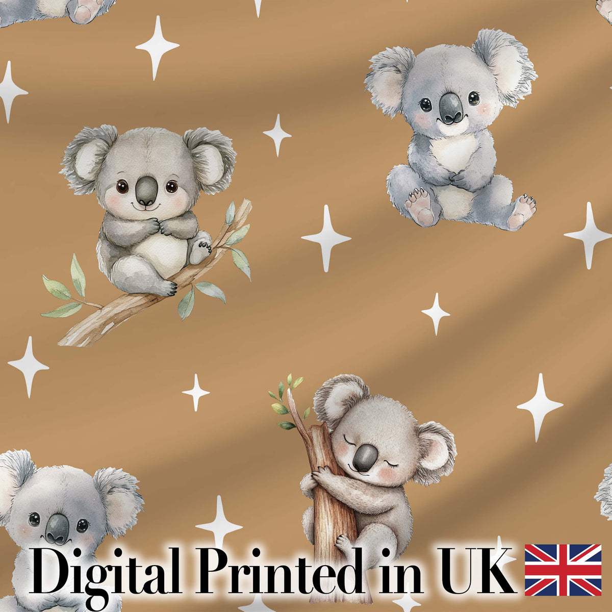 Cute Baby Koala Bears with Stars on Warm Brown Background Seamless Pattern Digital Print Fabric by the Metre UK Sewing Quilting Textile