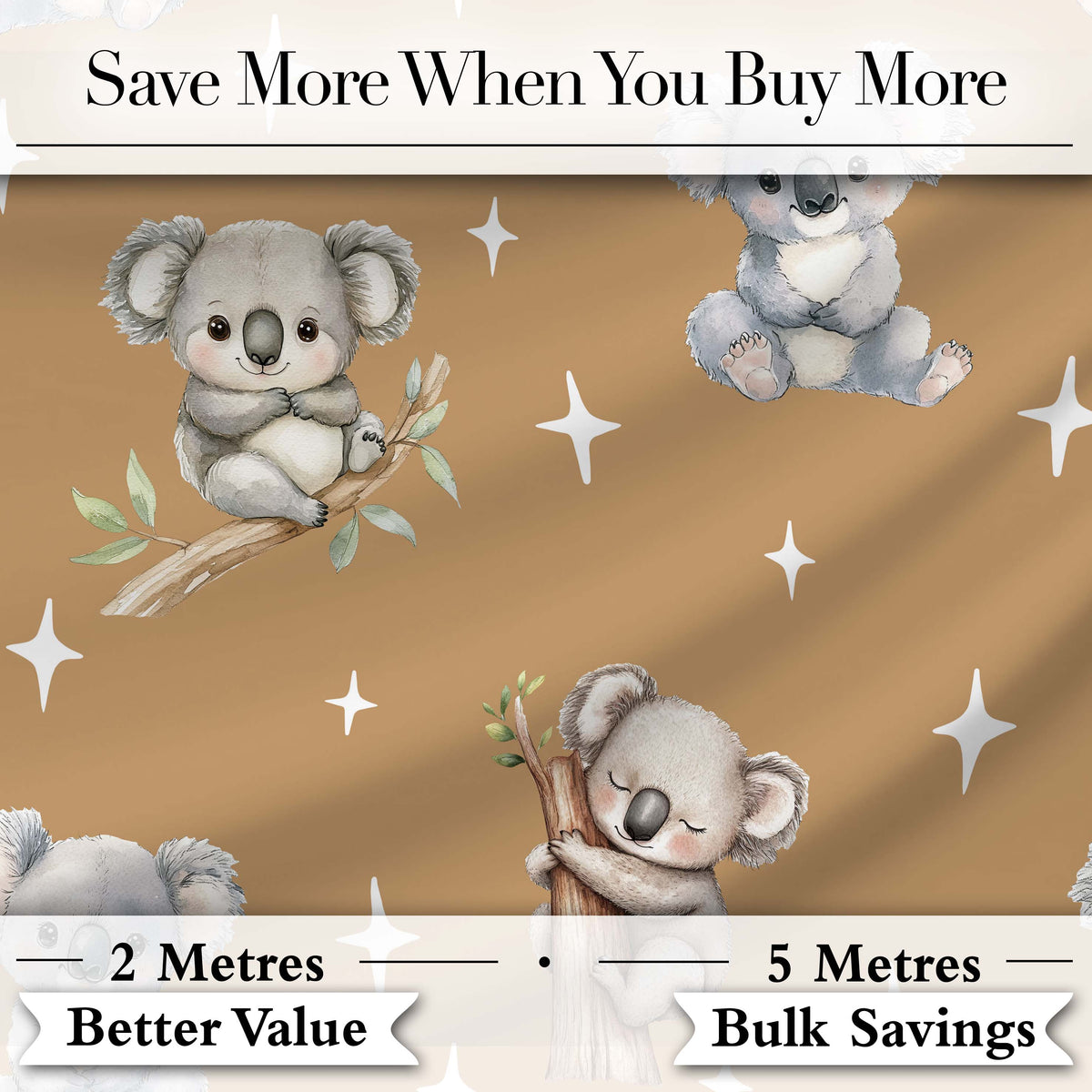 Cute Baby Koala Bears with Stars on Warm Brown Background Seamless Pattern Digital Print Fabric by the Metre UK Sewing Quilting Textile