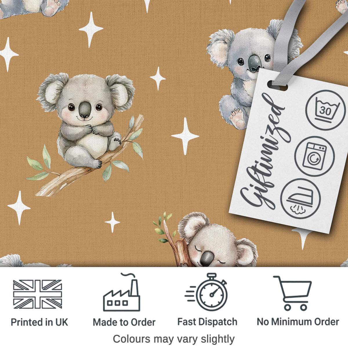 Cute Baby Koala Bears with Stars on Warm Brown Background Seamless Pattern Digital Print Fabric by the Metre UK Sewing Quilting Textile