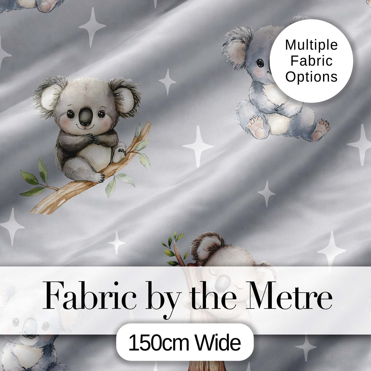 Cute Baby Koala Bears with Stars on Grey Background Seamless Pattern Digital Print Fabric by the Metre UK Sewing Quilting Textile