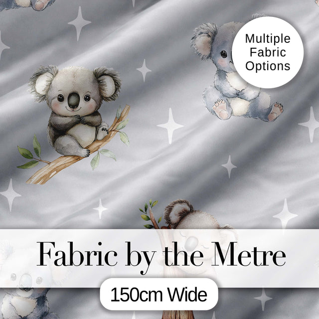 Cute Baby Koala Bears with Stars on Grey Background Seamless Pattern Digital Print Fabric by the Metre UK Sewing Quilting Textile