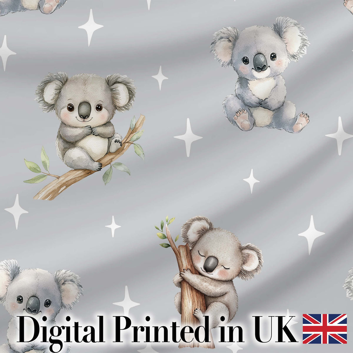 Cute Baby Koala Bears with Stars on Grey Background Seamless Pattern Digital Print Fabric by the Metre UK Sewing Quilting Textile