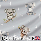 Cute Baby Koala Bears with Stars on Grey Background Seamless Pattern Digital Print Fabric by the Metre UK Sewing Quilting Textile