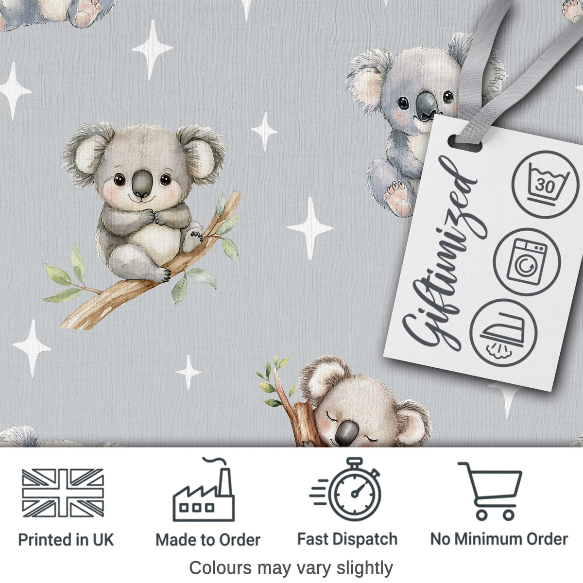 Cute Baby Koala Bears with Stars on Grey Background Seamless Pattern Digital Print Fabric by the Metre UK Sewing Quilting Textile