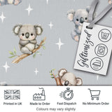 Cute Baby Koala Bears with Stars on Grey Background Seamless Pattern Digital Print Fabric by the Metre UK Sewing Quilting Textile