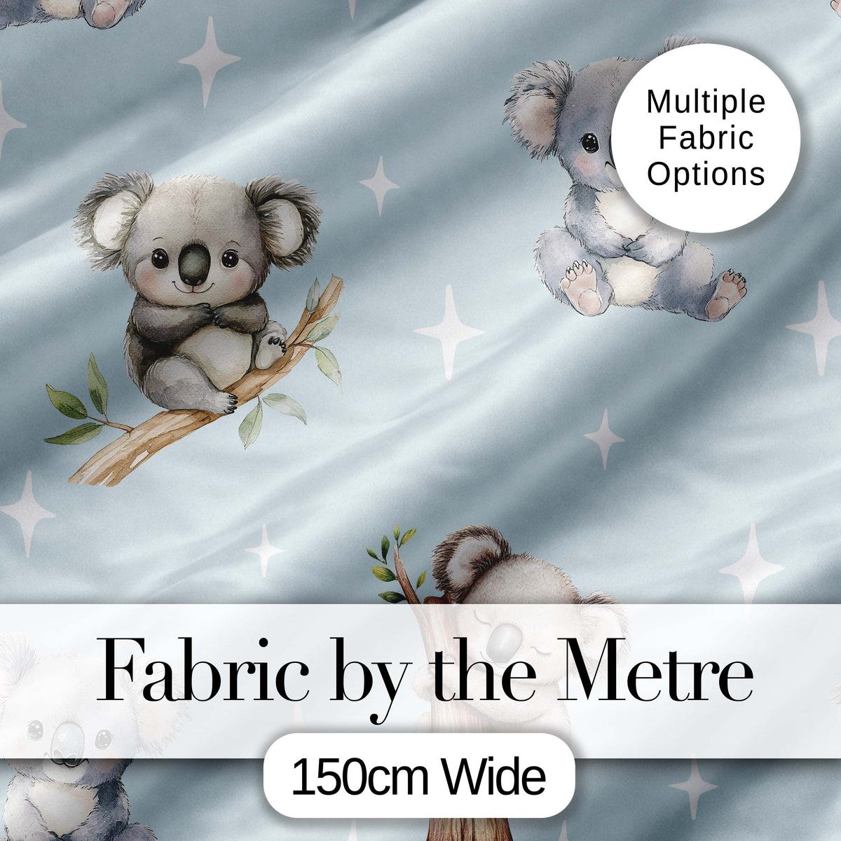 Cute Baby Koala Bears with Stars on Soft Blue Background Seamless Pattern Digital Print Fabric by the Metre UK Sewing Quilting Textile