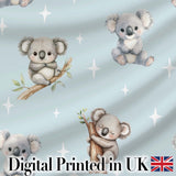 Cute Baby Koala Bears with Stars on Soft Blue Background Seamless Pattern Digital Print Fabric by the Metre UK Sewing Quilting Textile