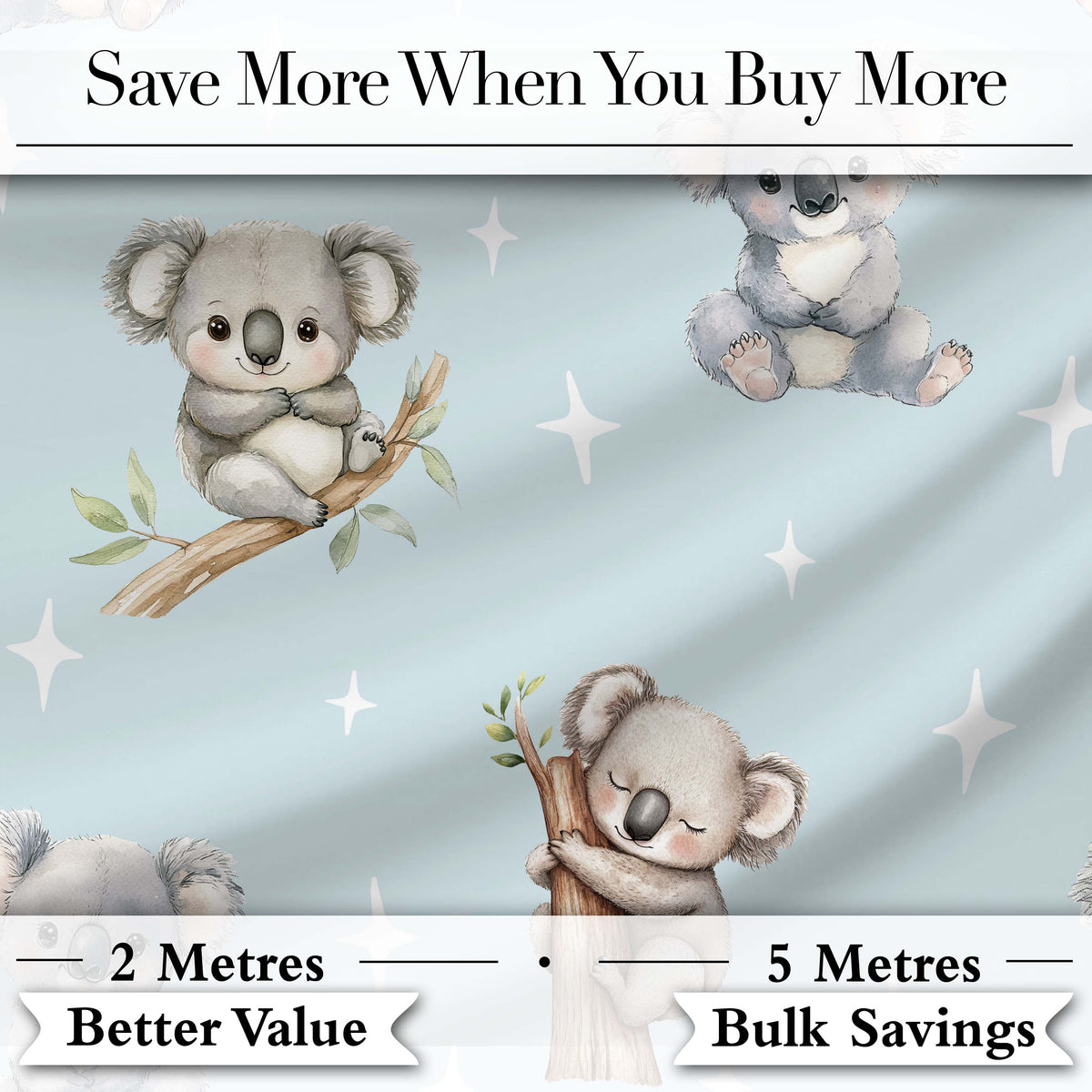 Cute Baby Koala Bears with Stars on Soft Blue Background Seamless Pattern Digital Print Fabric by the Metre UK Sewing Quilting Textile