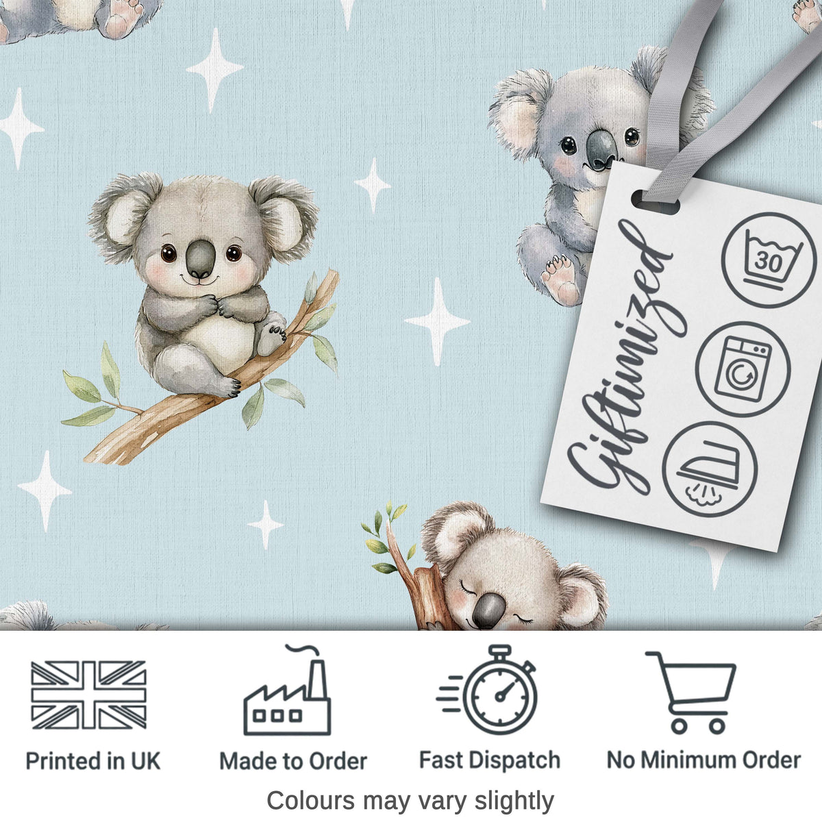 Cute Baby Koala Bears with Stars on Soft Blue Background Seamless Pattern Digital Print Fabric by the Metre UK Sewing Quilting Textile