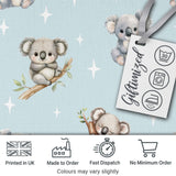 Cute Baby Koala Bears with Stars on Soft Blue Background Seamless Pattern Digital Print Fabric by the Metre UK Sewing Quilting Textile