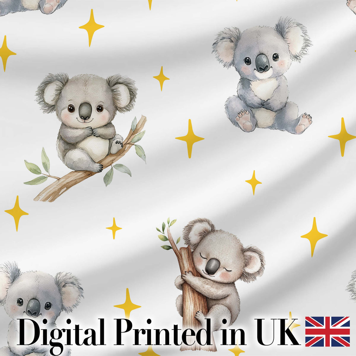 Cute Baby Koala Bears with Yellow Stars on Light Grey Background   Digital Print Fabric by the Metre UK Sewing Quilting Textile