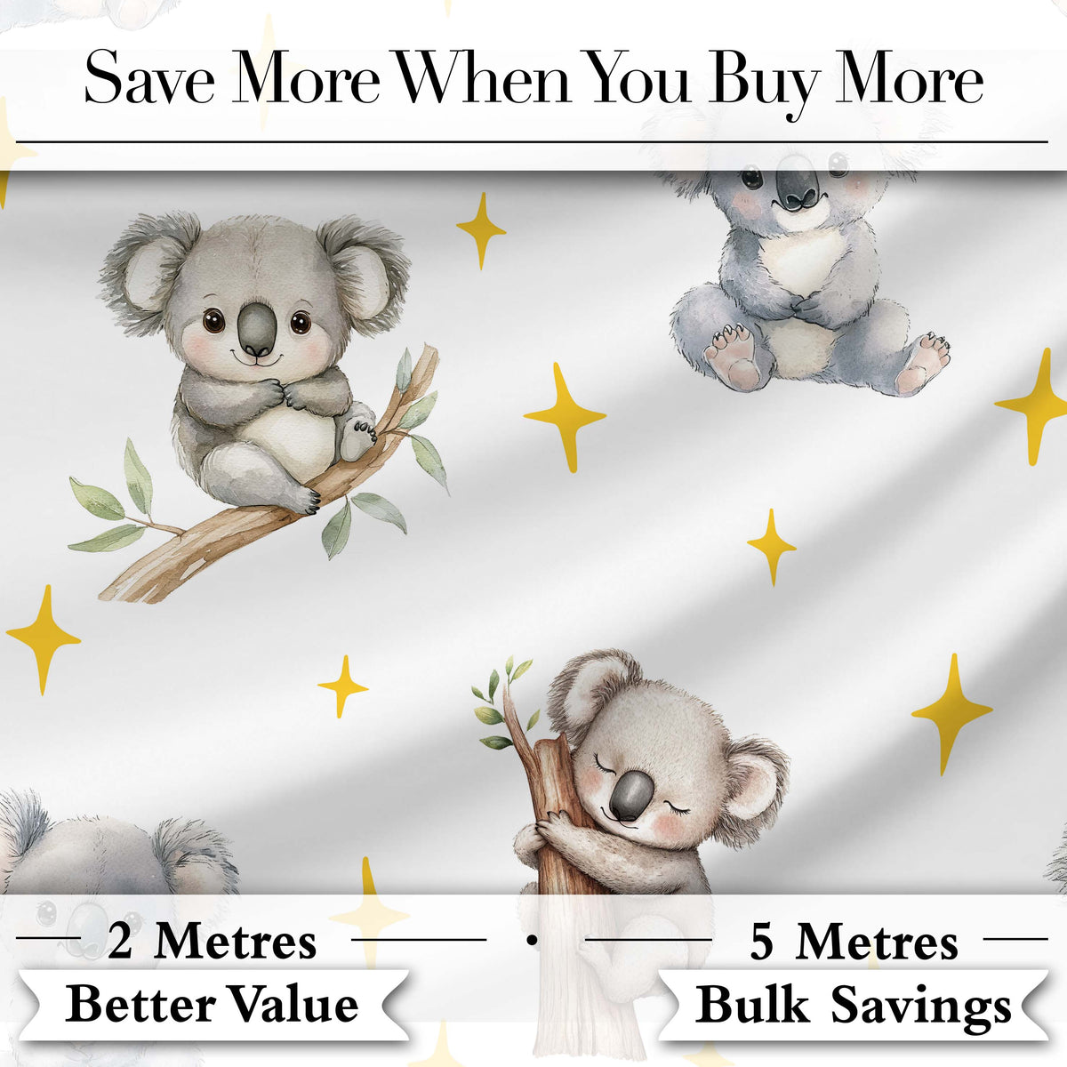 Cute Baby Koala Bears with Yellow Stars on Light Grey Background   Digital Print Fabric by the Metre UK Sewing Quilting Textile