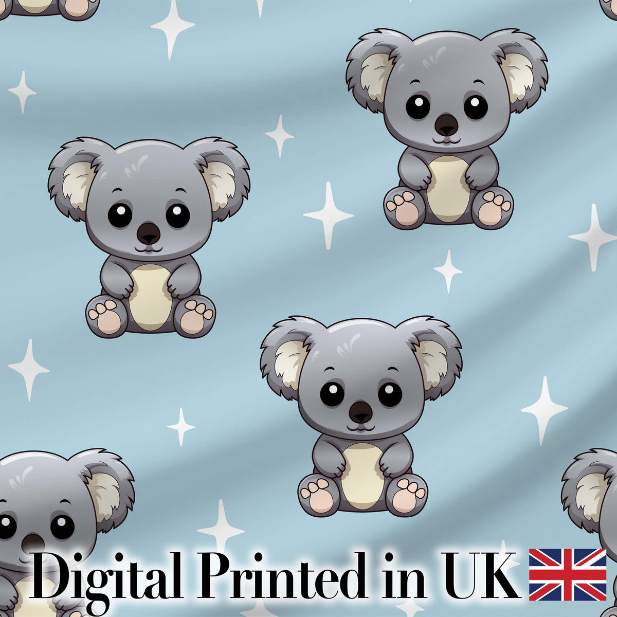 Cute Cartoon Koala Bears with Stars on Blue Background Seamless Pattern Digital Print Fabric by the Metre UK Sewing Quilting Textile