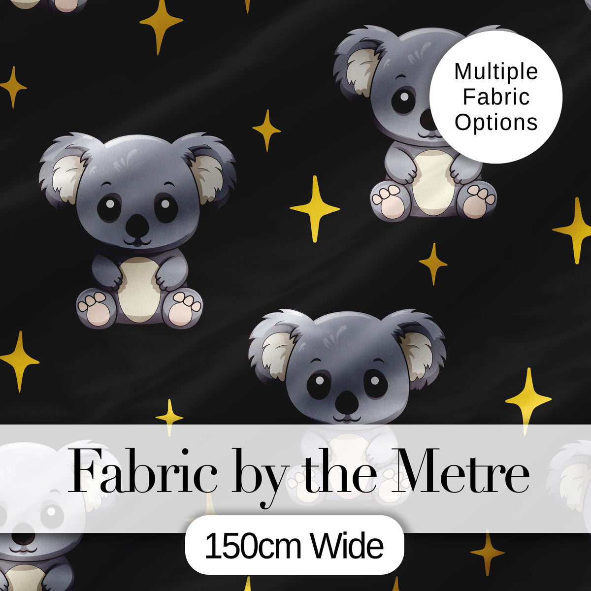 Cute Cartoon Koala Bears with Yellow Stars on Black Background Seamless Pattern Digital Print Fabric by the Metre UK Sewing Quilting Textile