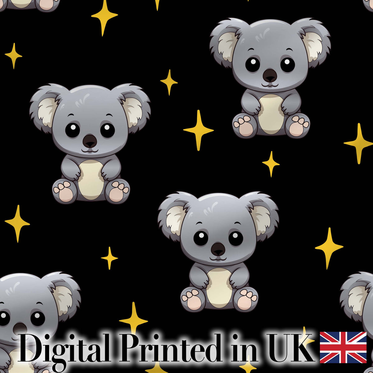 Cute Cartoon Koala Bears with Yellow Stars on Black Background Seamless Pattern Digital Print Fabric by the Metre UK Sewing Quilting Textile