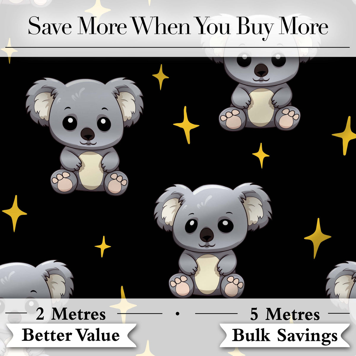 Cute Cartoon Koala Bears with Yellow Stars on Black Background Seamless Pattern Digital Print Fabric by the Metre UK Sewing Quilting Textile