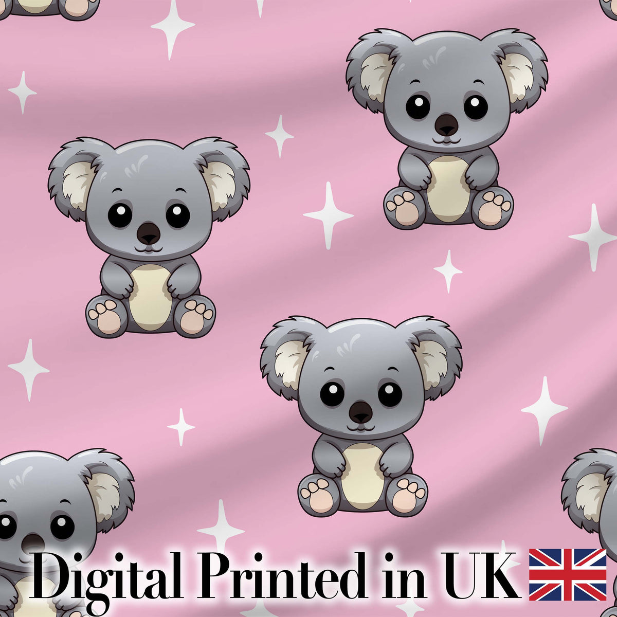 Cute Cartoon Koala Bears with White Stars on Rose Pink Background   Digital Print Fabric by the Metre UK Sewing Quilting Textile