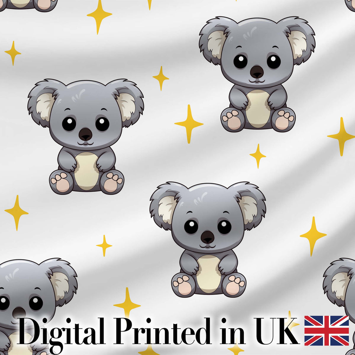 Cute Cartoon Koala Bears with Yellow Stars on Light Grey Background   Digital Print Fabric by the Metre UK Sewing Quilting Textile