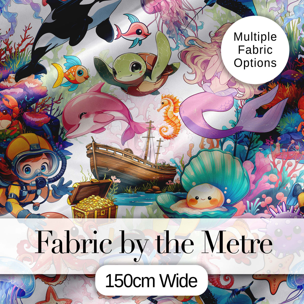 Cute Underwater Ocean Animals Mermaid Dolphin Turtle Seamless Pattern Digital Print Fabric by the Metre UK Sewing Quilting Textile