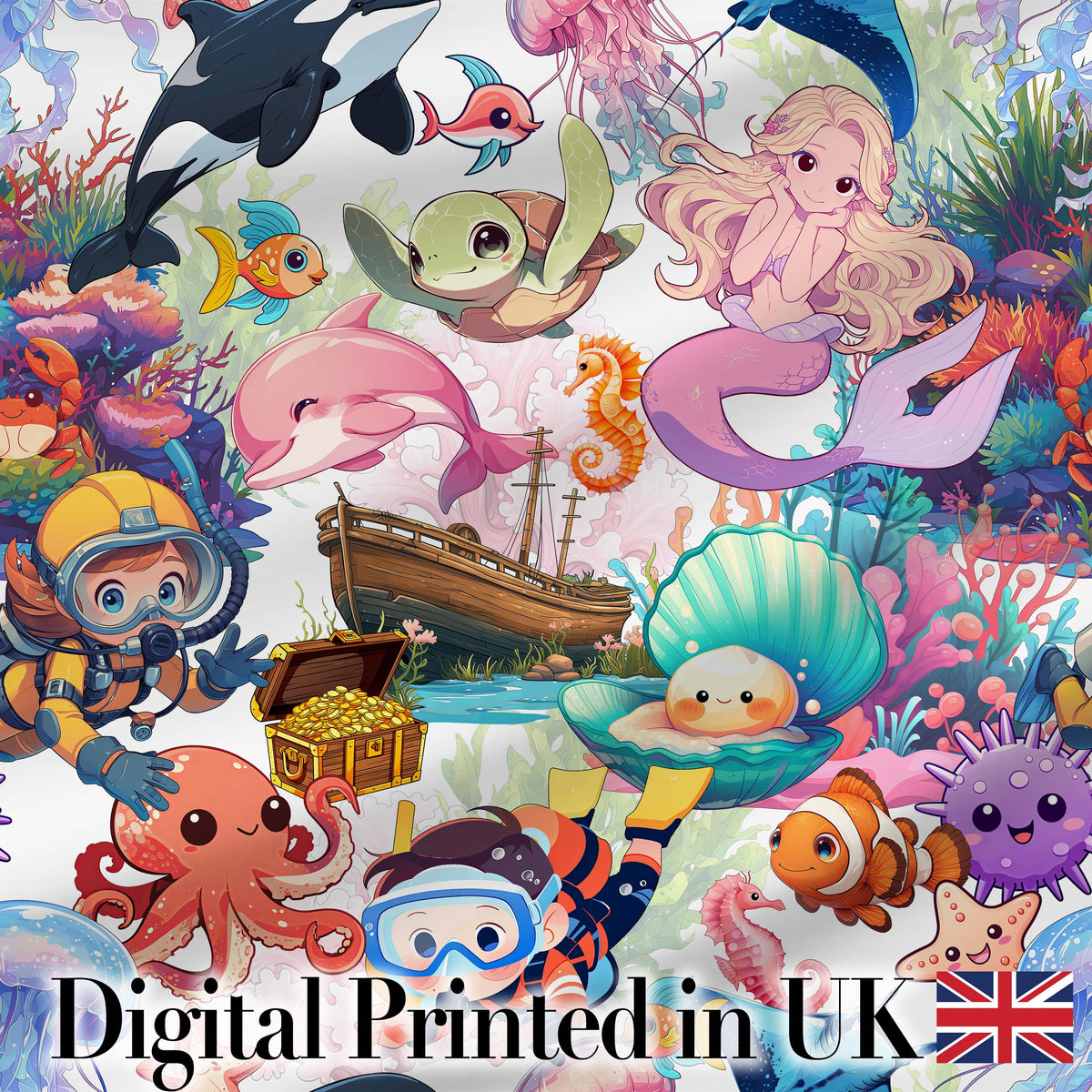 Cute Underwater Ocean Animals Mermaid Dolphin Turtle Seamless Pattern Digital Print Fabric by the Metre UK Sewing Quilting Textile