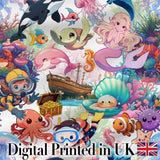 Cute Underwater Ocean Animals Mermaid Dolphin Turtle Seamless Pattern Digital Print Fabric by the Metre UK Sewing Quilting Textile