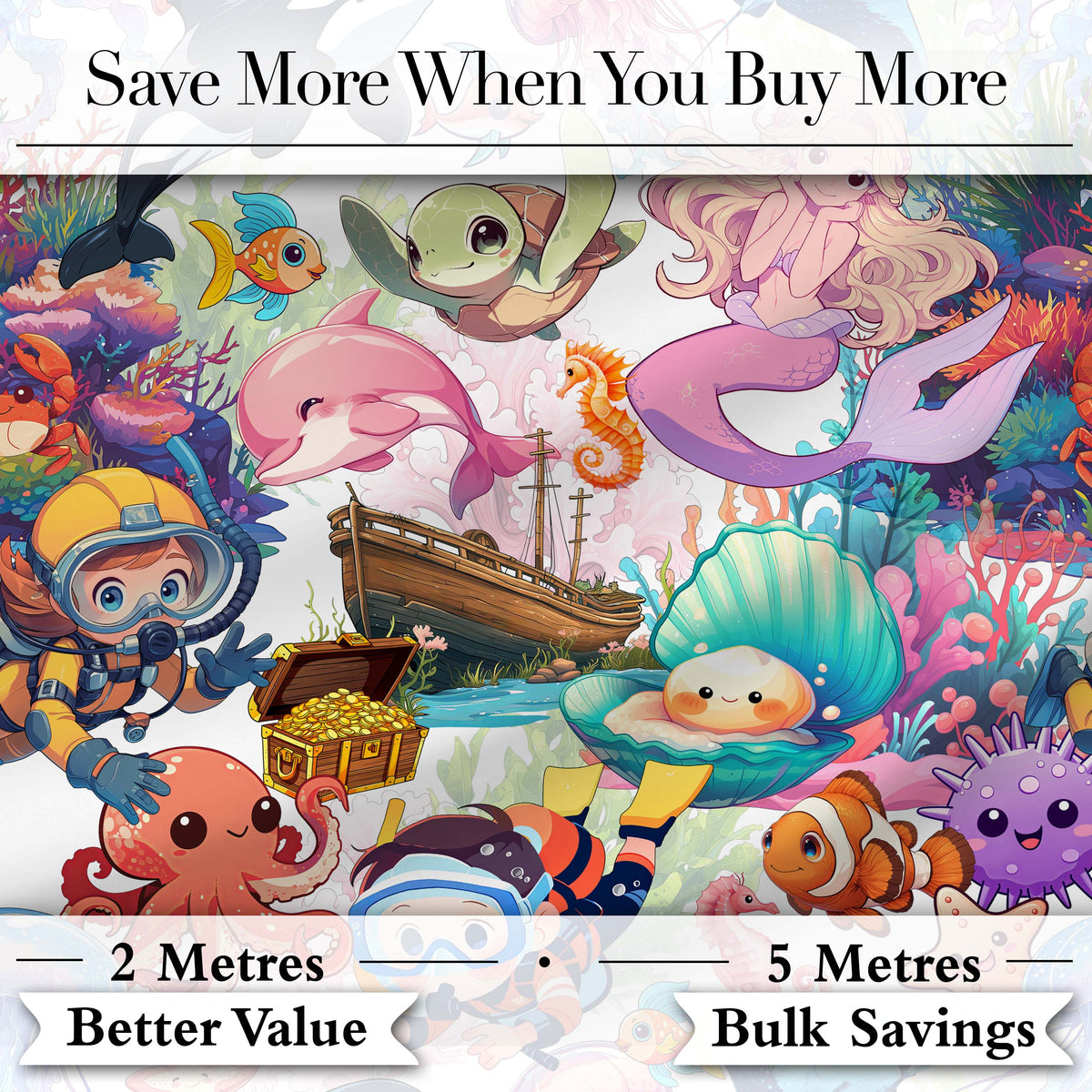 Cute Underwater Ocean Animals Mermaid Dolphin Turtle Seamless Pattern Digital Print Fabric by the Metre UK Sewing Quilting Textile