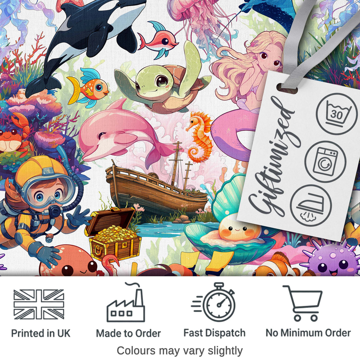 Cute Underwater Ocean Animals Mermaid Dolphin Turtle Seamless Pattern Digital Print Fabric by the Metre UK Sewing Quilting Textile