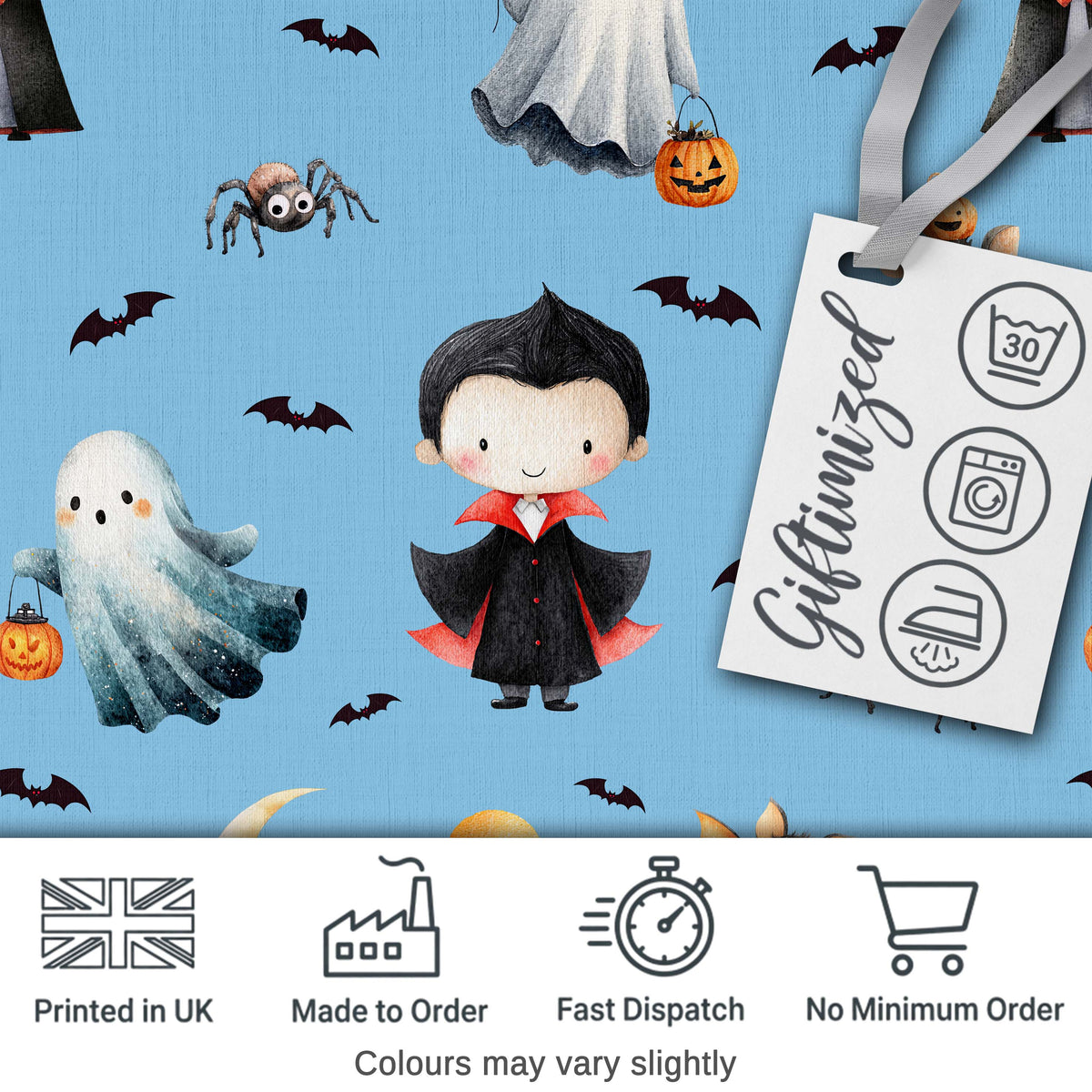 Cute Halloween Dracula Ghost Bats on Blue Background Seamless Pattern Digital Print Fabric by the Metre UK Sewing Quilting Textile