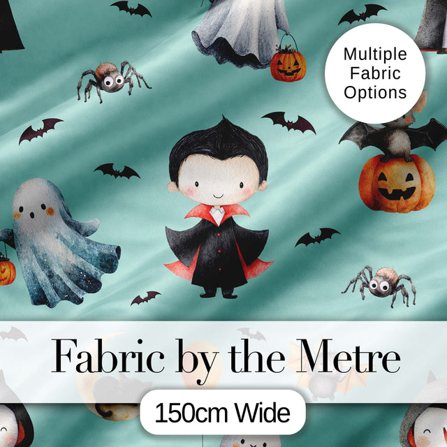 Cute Halloween Dracula Ghost Bats on Mint Green Background Seamless Pattern Digital Print Fabric by the Metre UK Sewing Quilting Textile