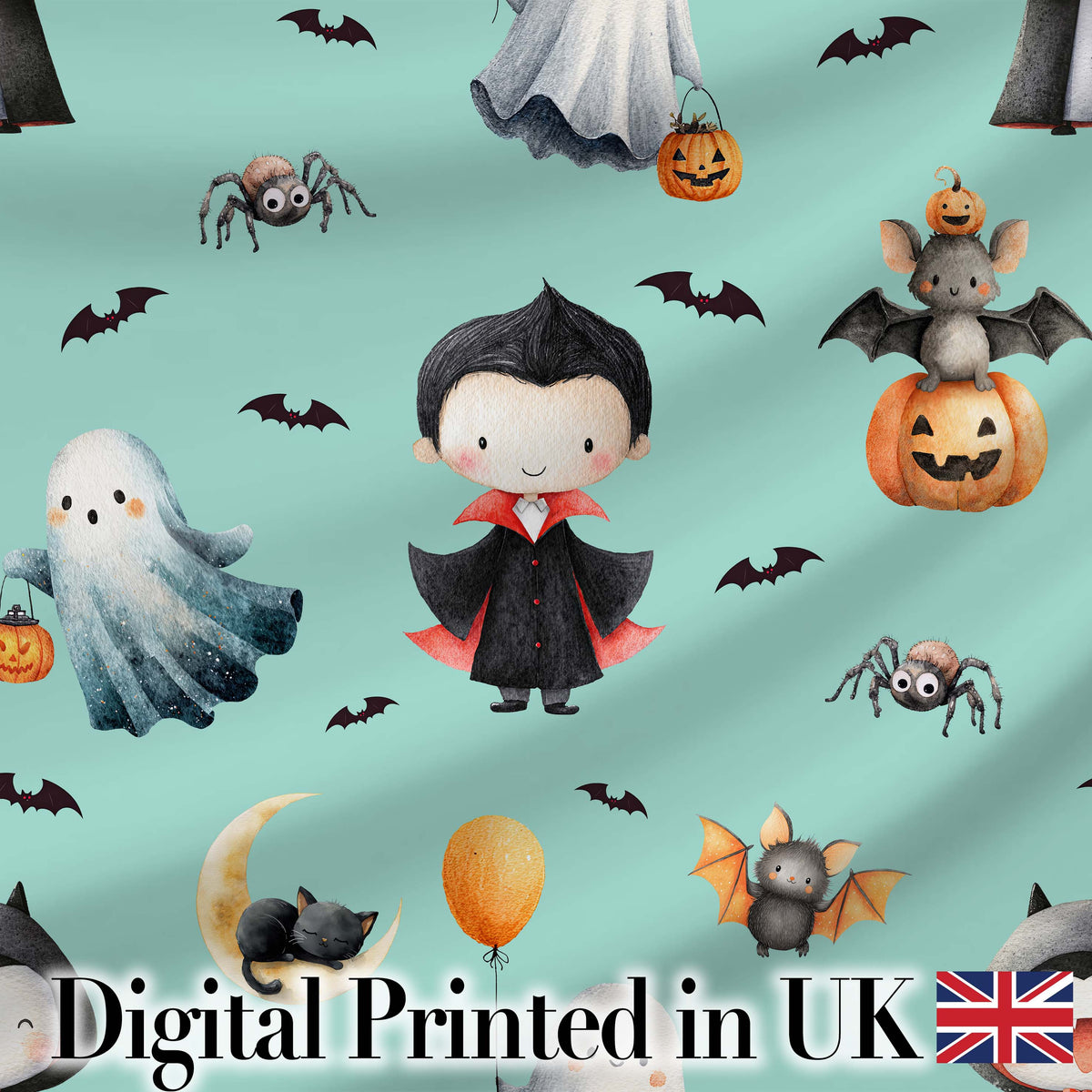 Cute Halloween Dracula Ghost Bats on Mint Green Background Seamless Pattern Digital Print Fabric by the Metre UK Sewing Quilting Textile